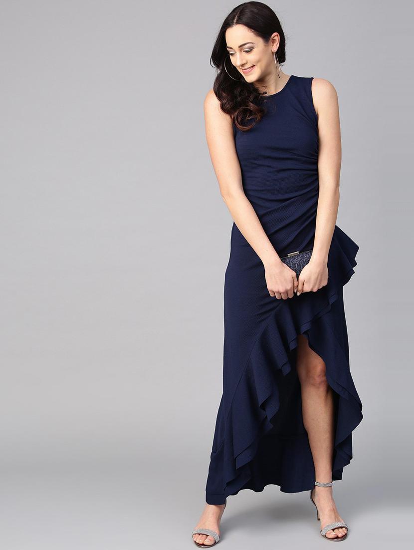 round neck solid ruffled maxi dress - 18392501 - Zoom Image - 0