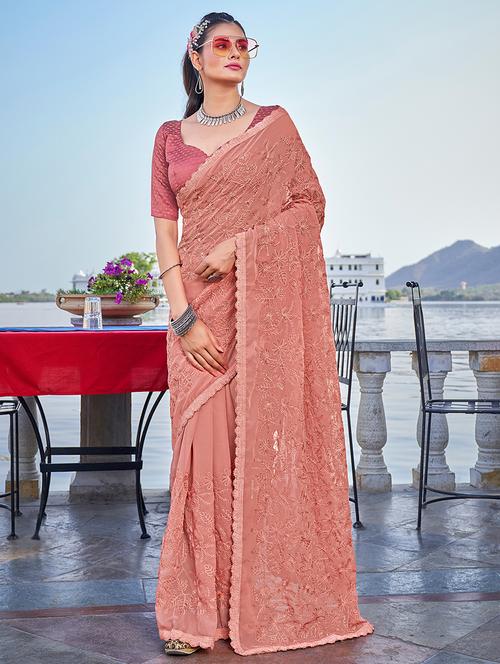 peach georgette embroidered saree - 18392528 -  Standard Image - 0