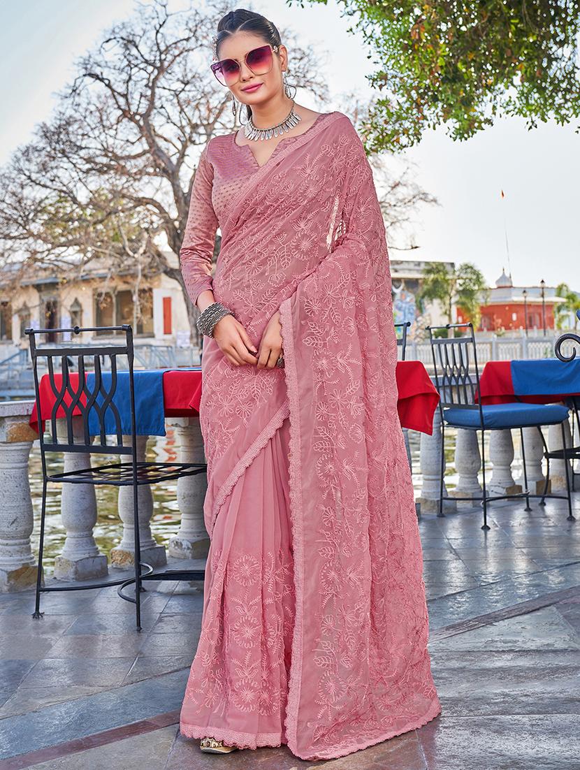 tonal embroidered saree with lace border - 18392530 -  Zoom Image - 0
