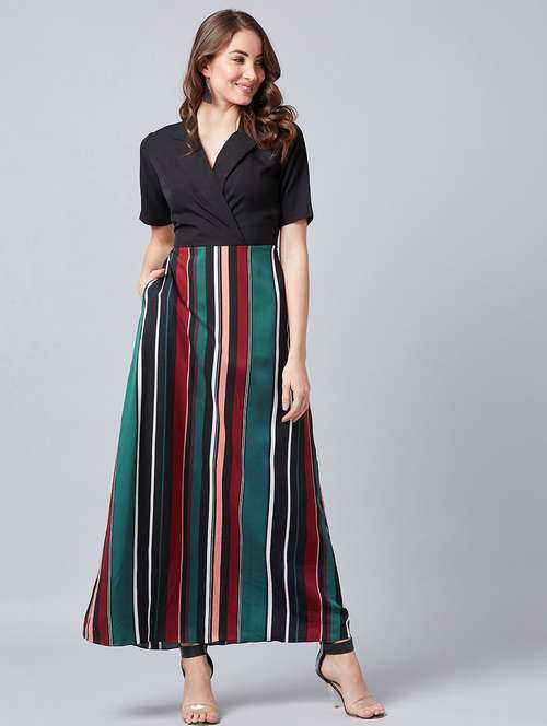 lapel neck striped a-line dress - 18392610 - Standard Image - 0