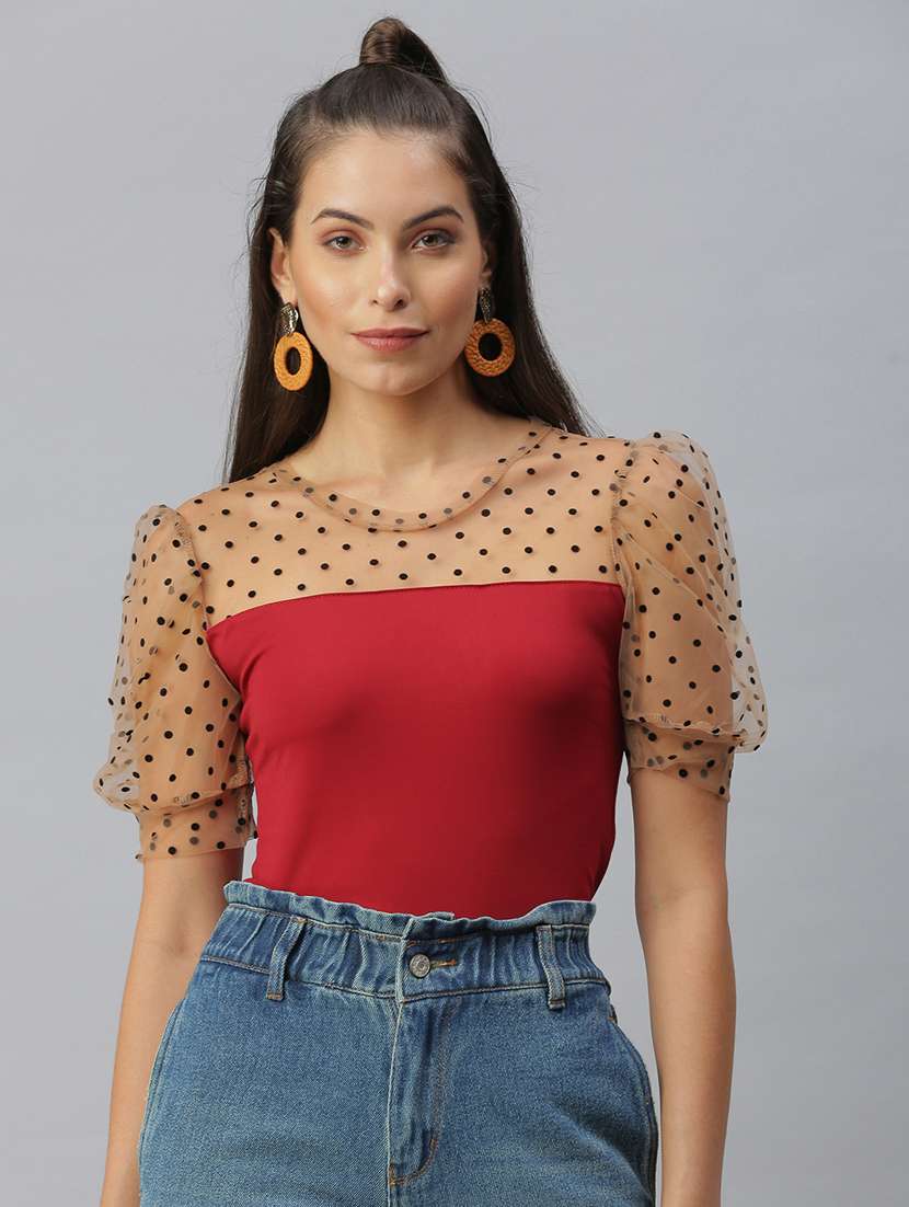 women red self design round neck top - 18392619 - Zoom Image - 0