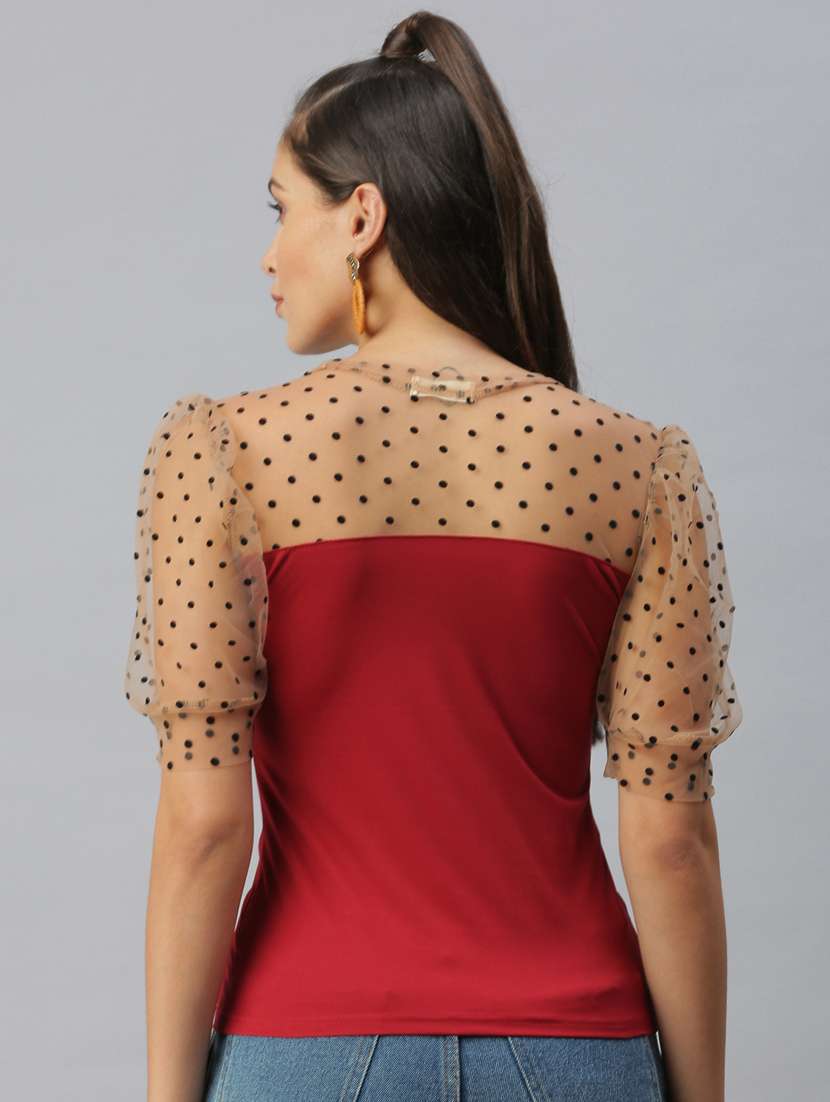 women red self design round neck top - 18392619 - Standard Image - 3