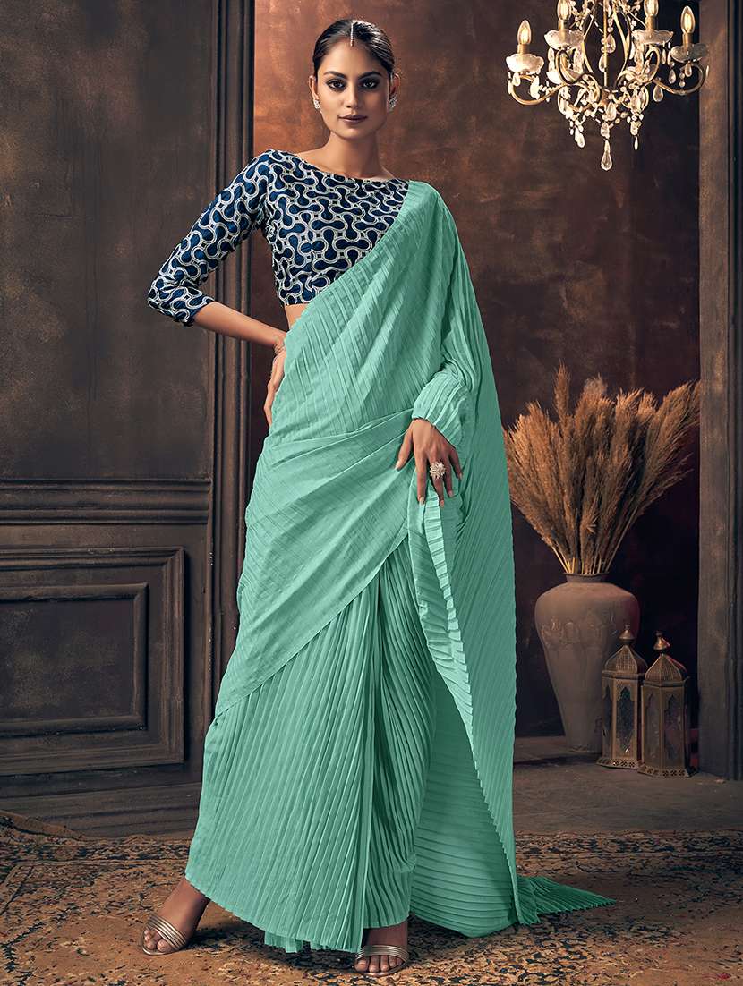 turquoise georgette plain saree