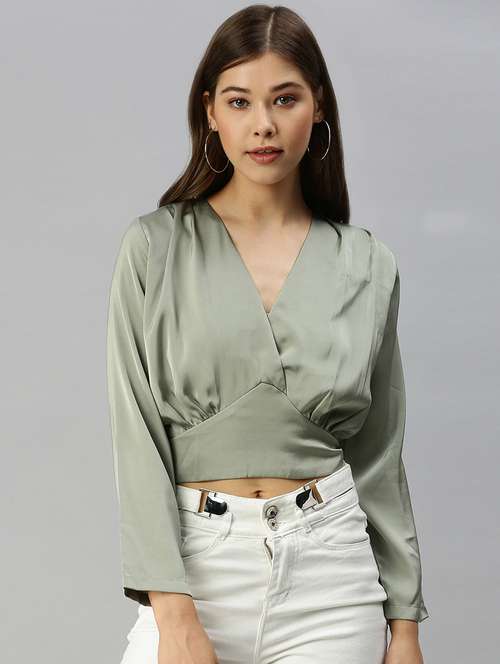 women's crop overlap neck top - 18393017 -  Standard Image - 0