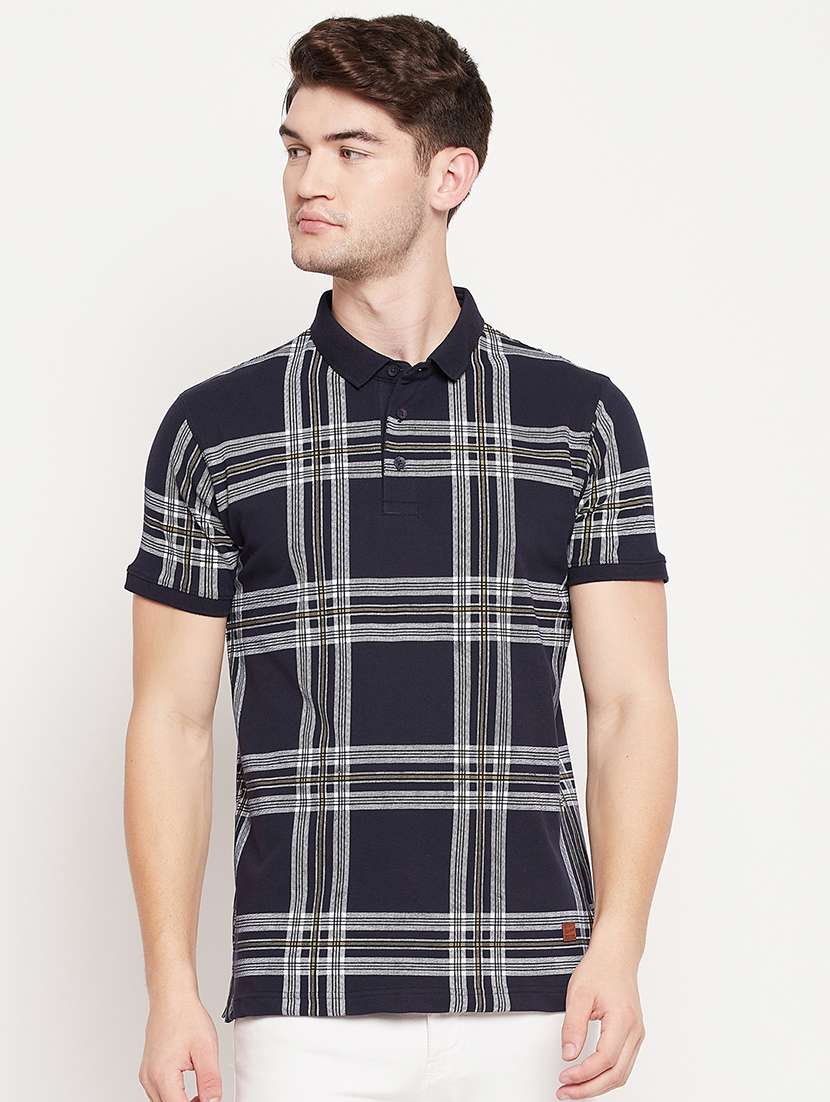 navy blue checkered polo t-shirt - 18393207 -  Zoom Image - 0