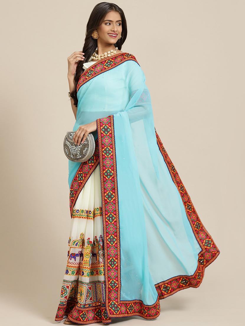 turquoise georgette half and half saree with blouse - 18394839 - Zoom Image - 0