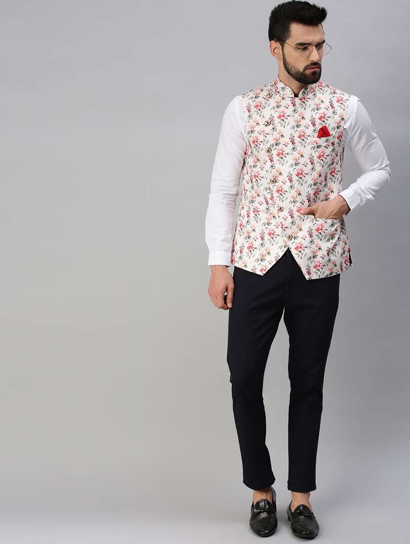 white printed nehru jacket - 18395145 -  Standard Image - 3