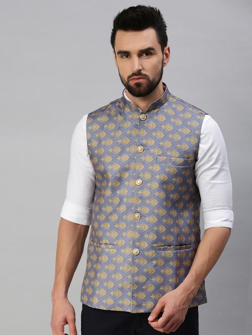blue self-designed nehru jacket - 18395150 - Standard Image - 0