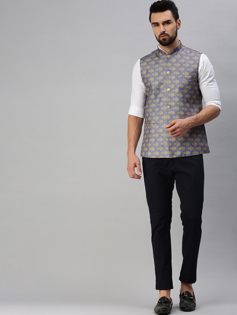 blue self-designed nehru jacket - 18395150 - Standard Image - 3