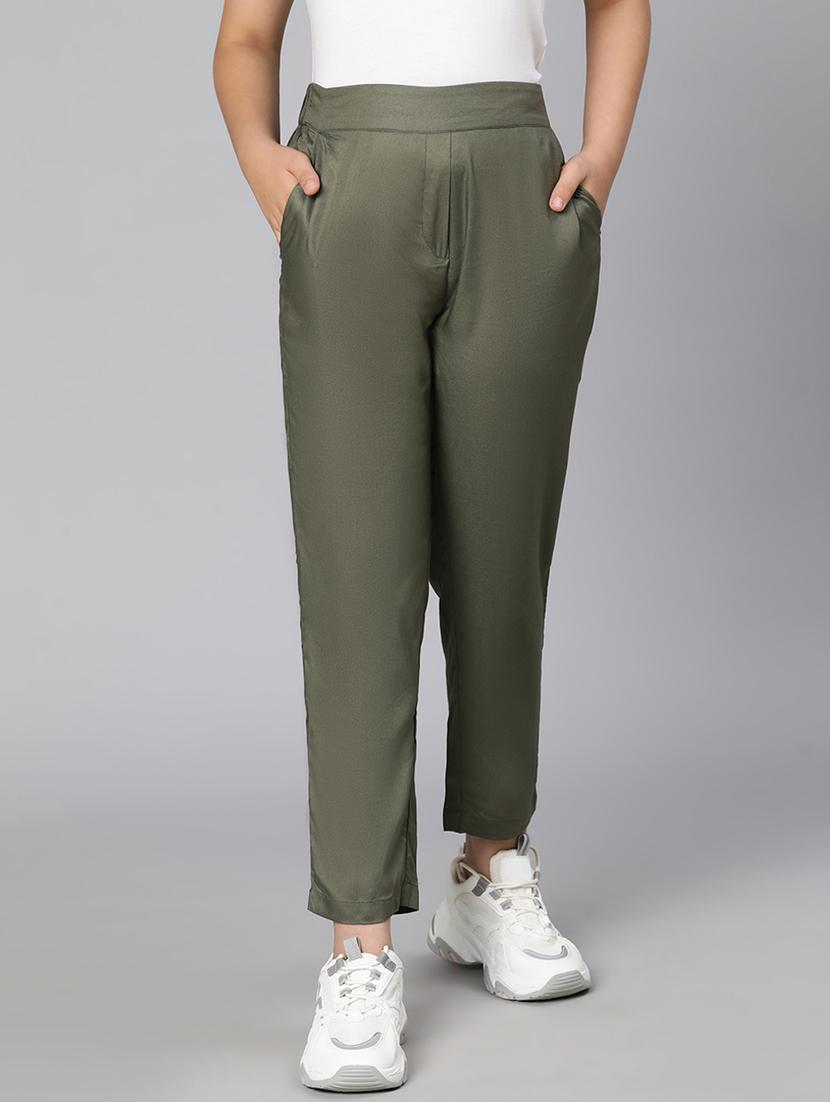 green solid casual trouser - 18395720 -  Zoom Image - 0
