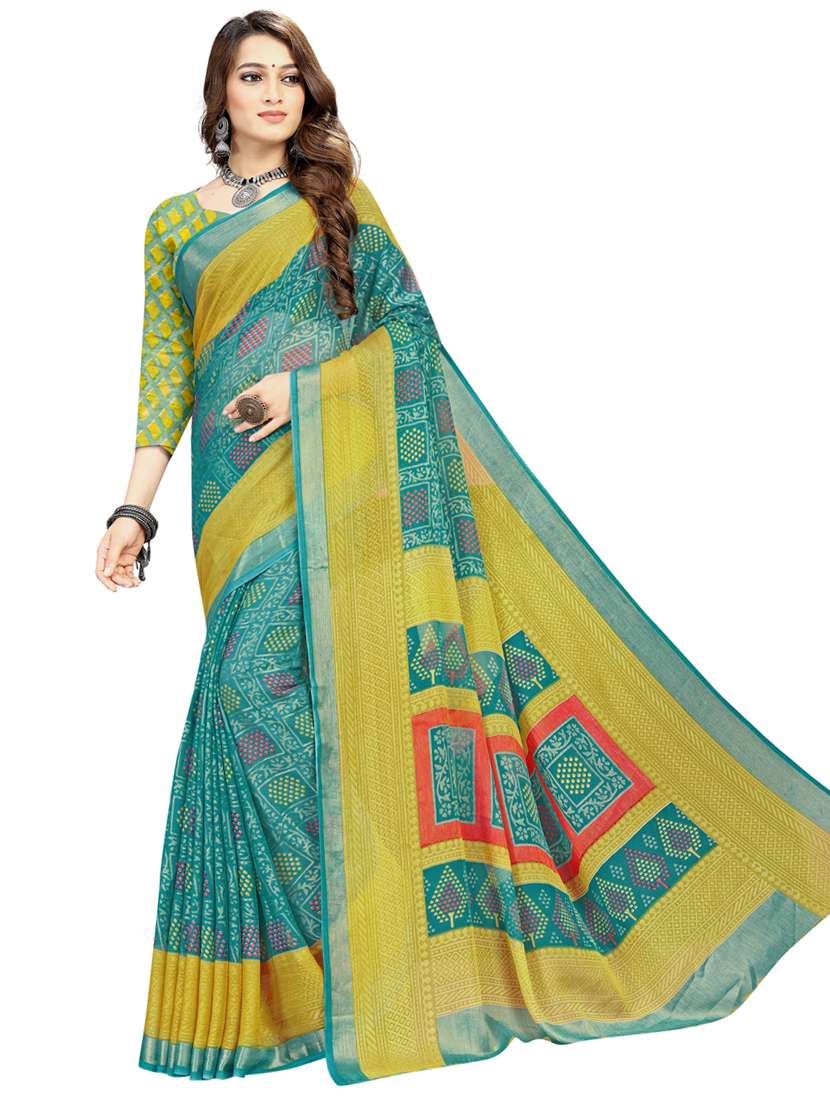 green printed saree with blouse