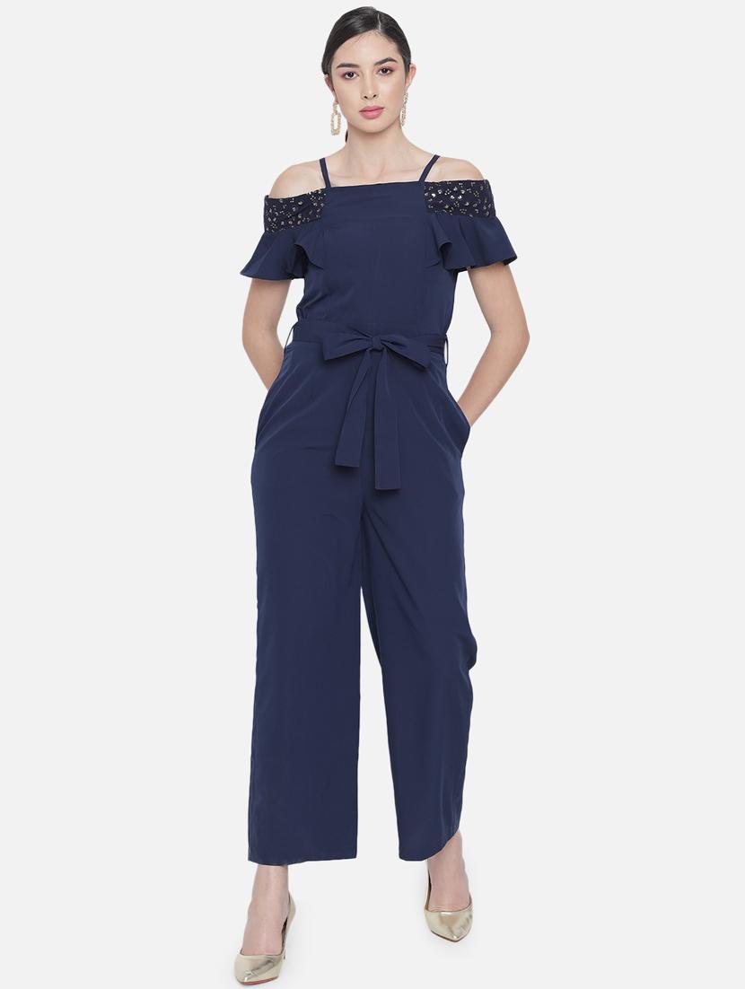 tie front solid full leg jumpsuit - 18396469 -  Zoom Image - 0