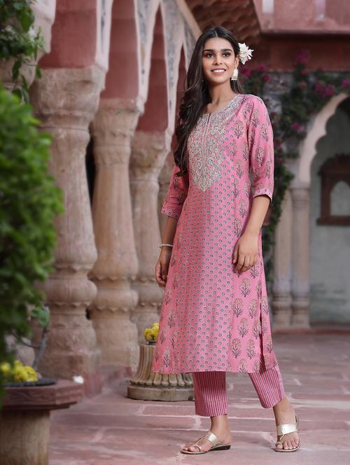 pink cotton kurta pant set - 18396785 - Standard Image - 0