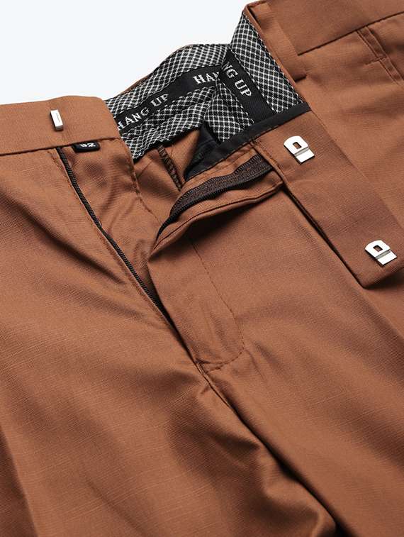 brown solid flat front casual trouser - 18397956 -  Standard Image - 5