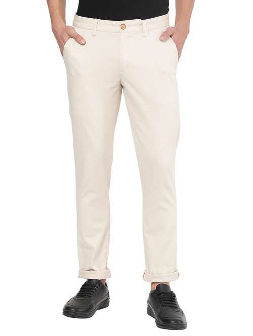 Beige Solid Chinos Casual Trouser