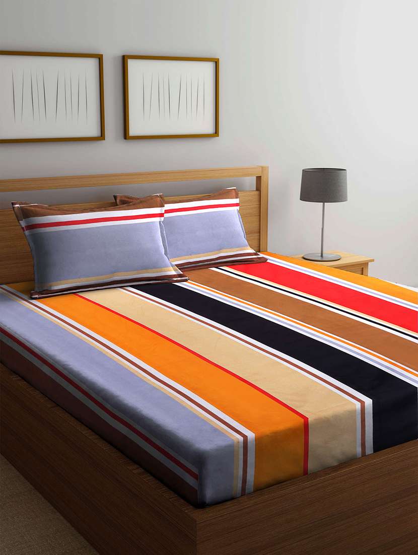 klotthe multi striped 210 tc cotton blend double bedsheet with 2 pillow covers