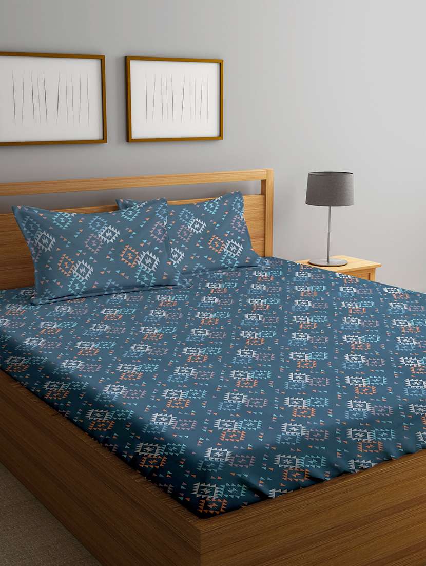 klotthe blue 210 tc abstract 210 tc cotton blend double bedsheet with 2 pillow covers