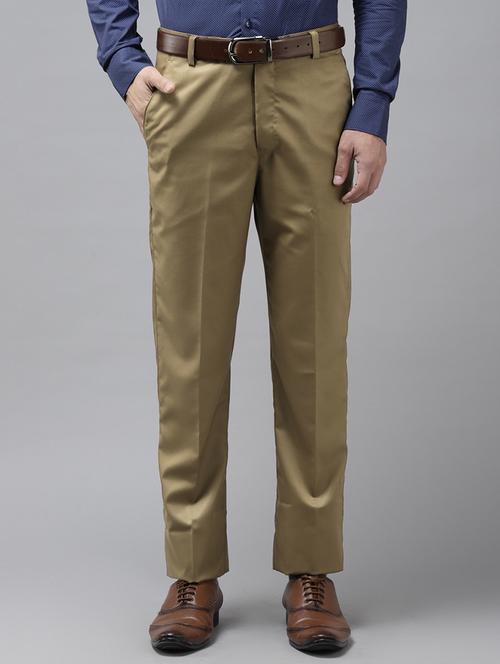 khaki solid flat front casual trouser - 18399973 -  Standard Image - 0