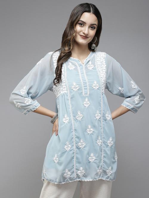 chikankari a-line short kurti - 18400012 - Standard Image - 0