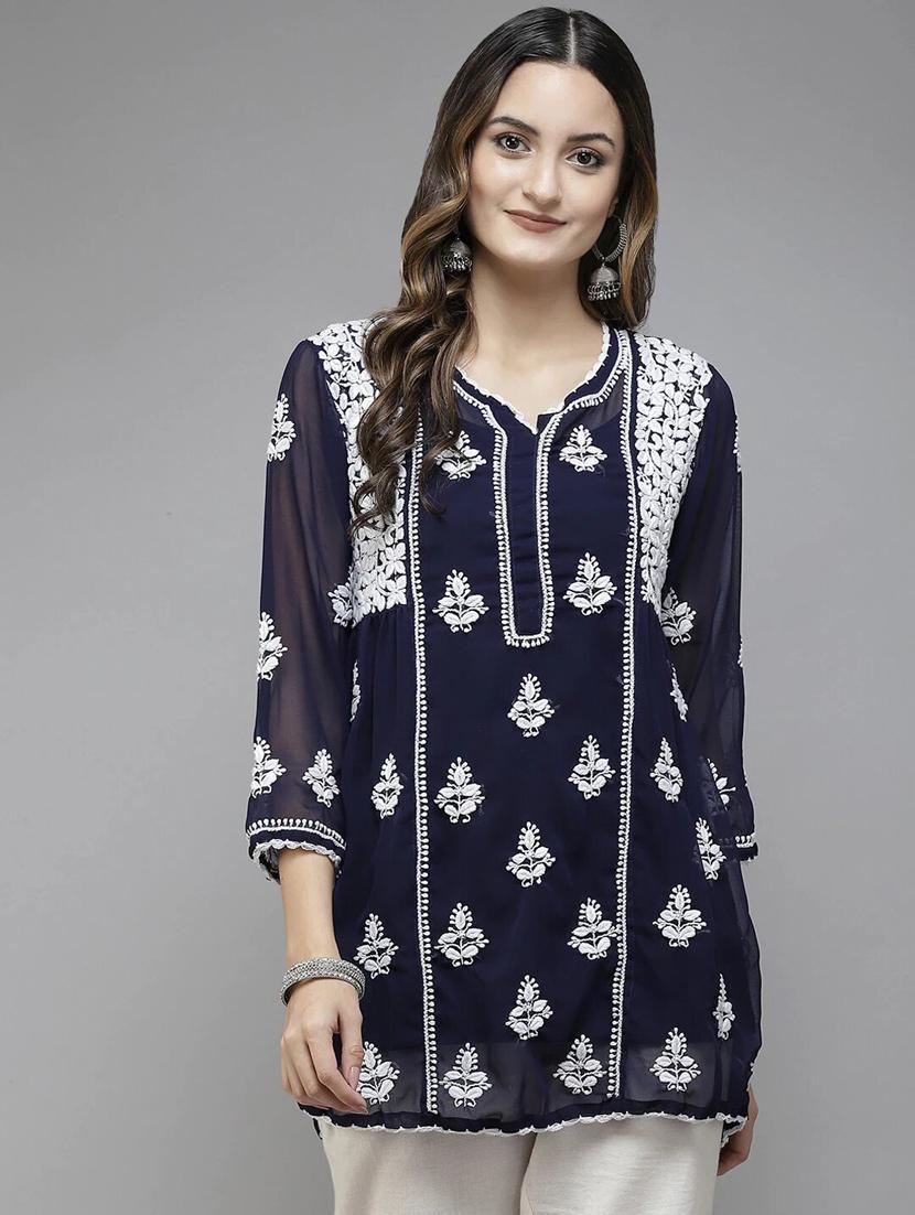 ada hand embroidered navy blue georgette lucknowi chikankari kurti with slip - 18400013 - Zoom Image - 0