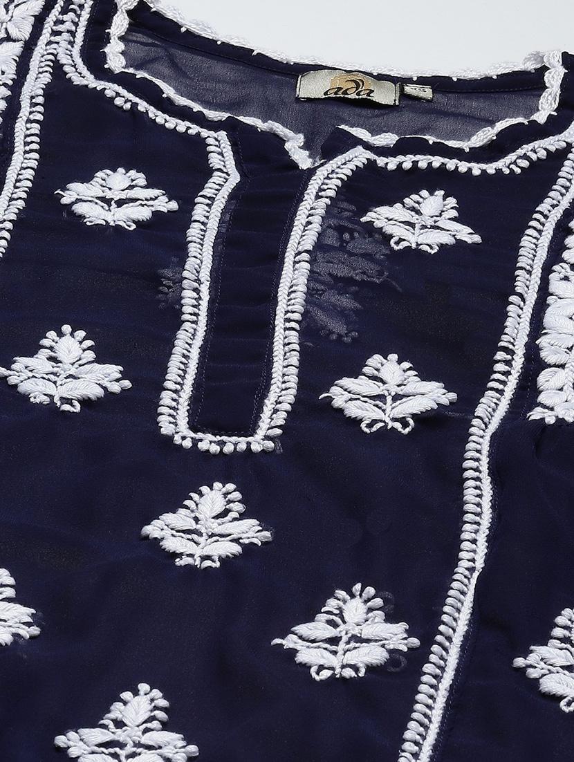 ada hand embroidered navy blue georgette lucknowi chikankari kurti with slip - 18400013 - Standard Image - 3