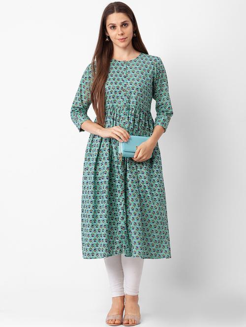 green printed fit to flare kurta - 18400231 - Standard Image - 0