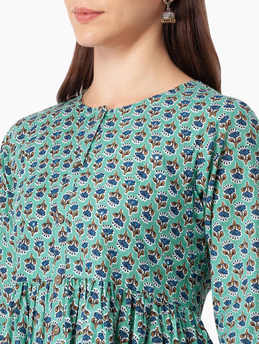 green printed fit to flare kurta - 18400231 - Standard Image - 5