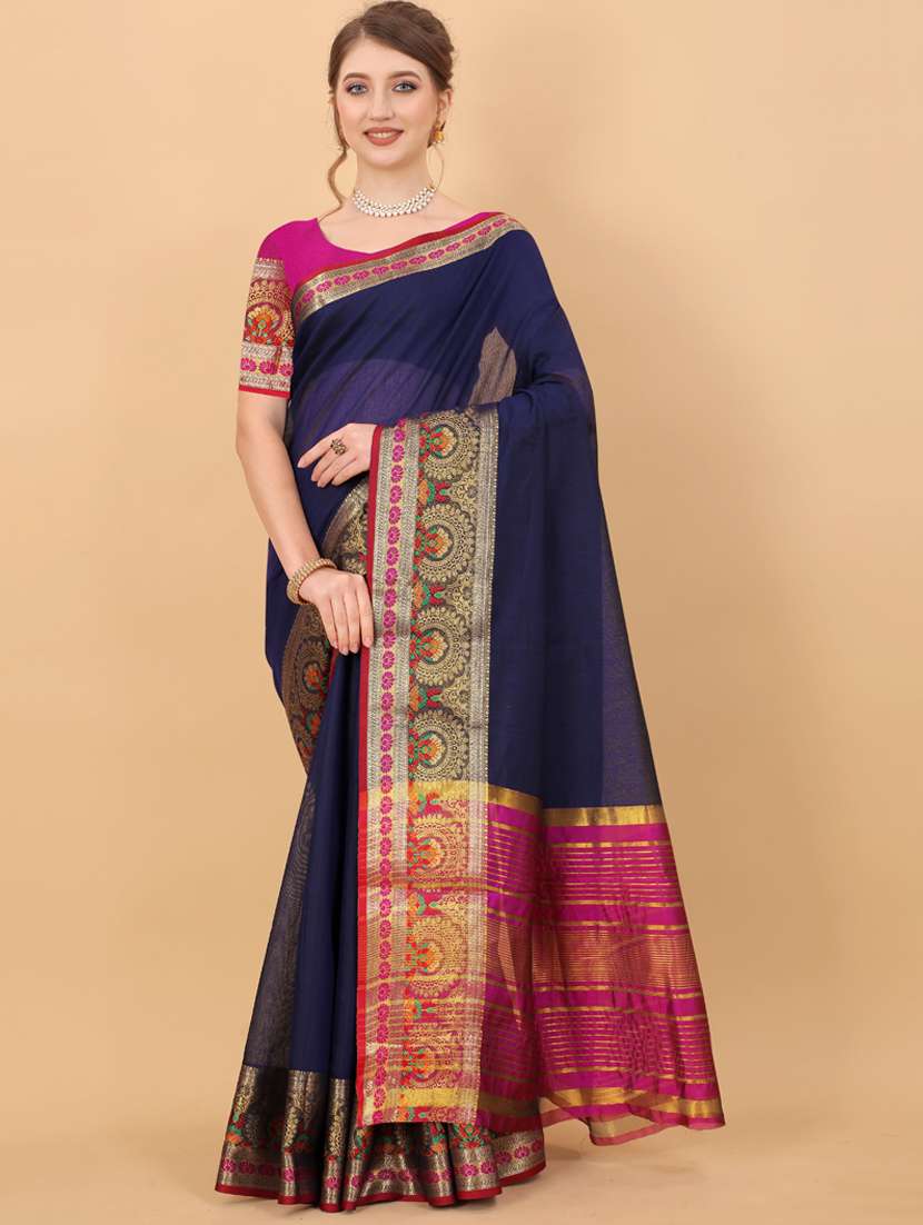 navy cotton woven saree with blouse