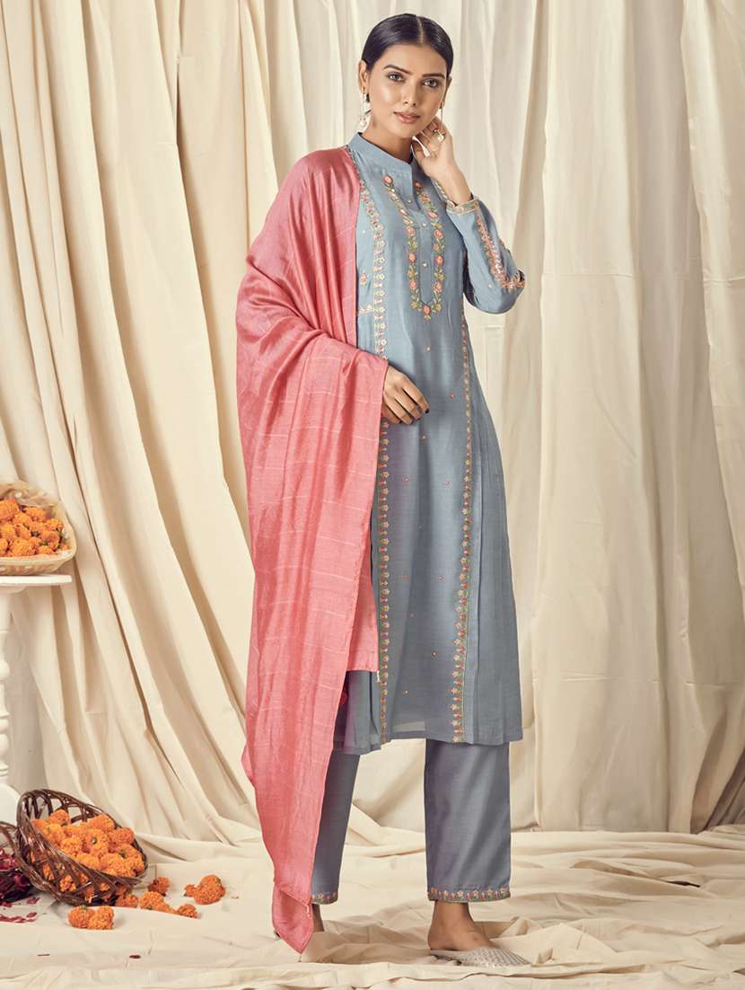 blue cotton silk kurta pant set - 18400366 - Zoom Image - 0