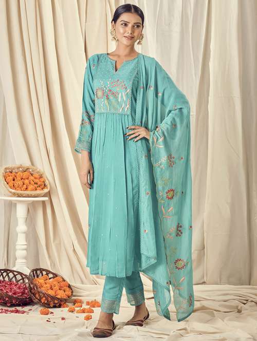 turquoise cotton silk kurta pant set - 18400368 - Standard Image - 0