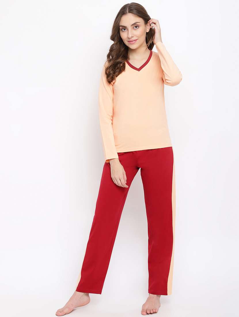 women v-neck solid nightwear pajama set - 18400725 -  Zoom Image - 0