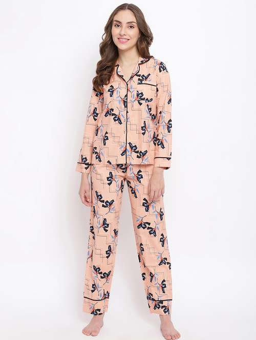 shirt collar printed nightwear pajama set - 18400726 - Standard Image - 0