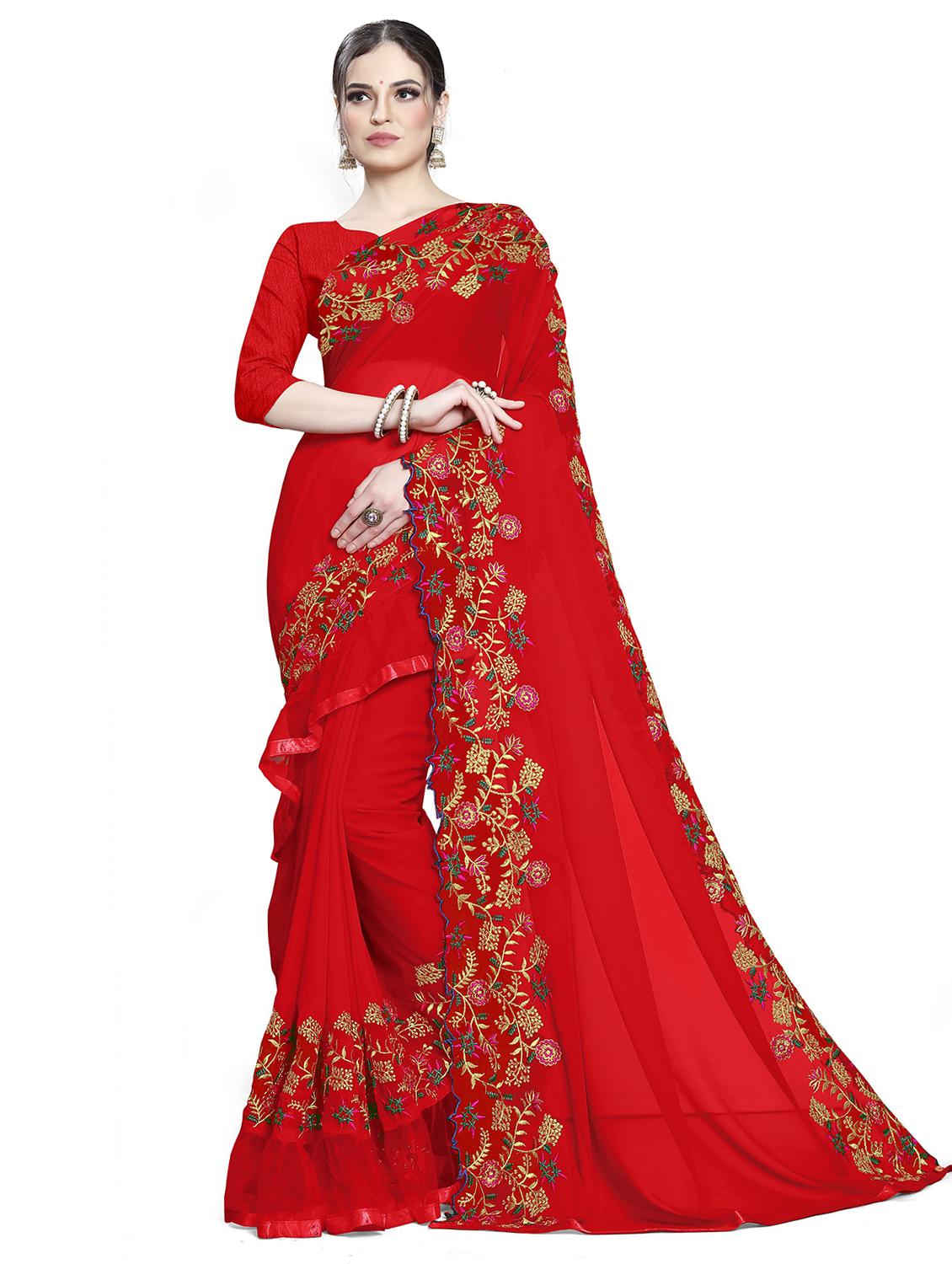 red georgette embroidered saree - 18401017 -  Zoom Image - 0