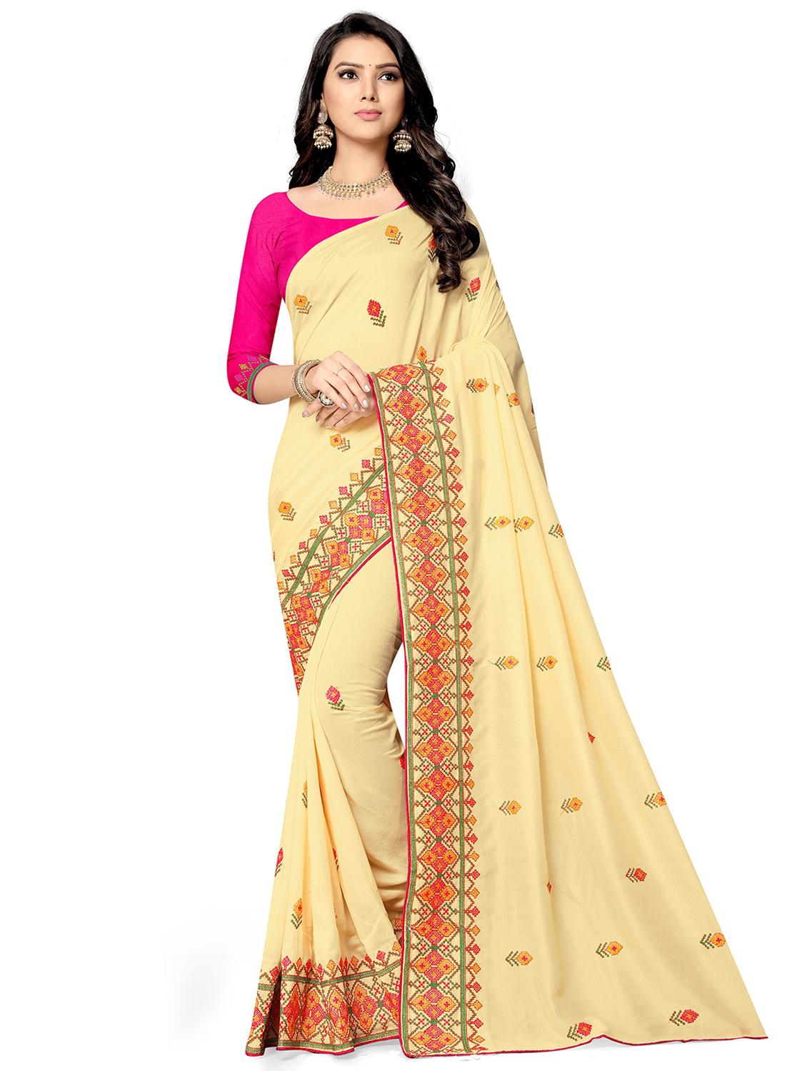 cream georgette embroidered saree with blouse - 18401163 -  Zoom Image - 0
