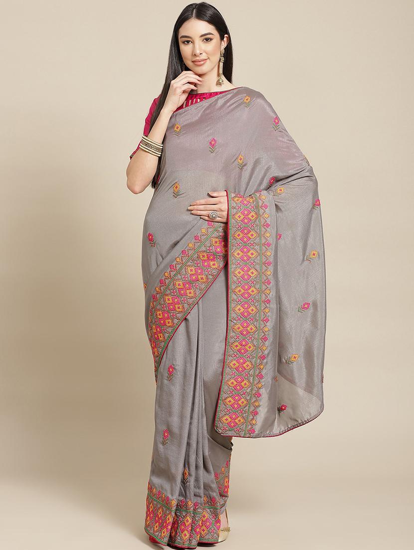 grey georgette embroidered saree with blouse - 18401167 -  Zoom Image - 0