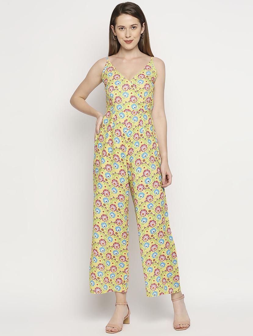 overlap neck floral full leg jumpsuit - 18401200 - Zoom Image - 0