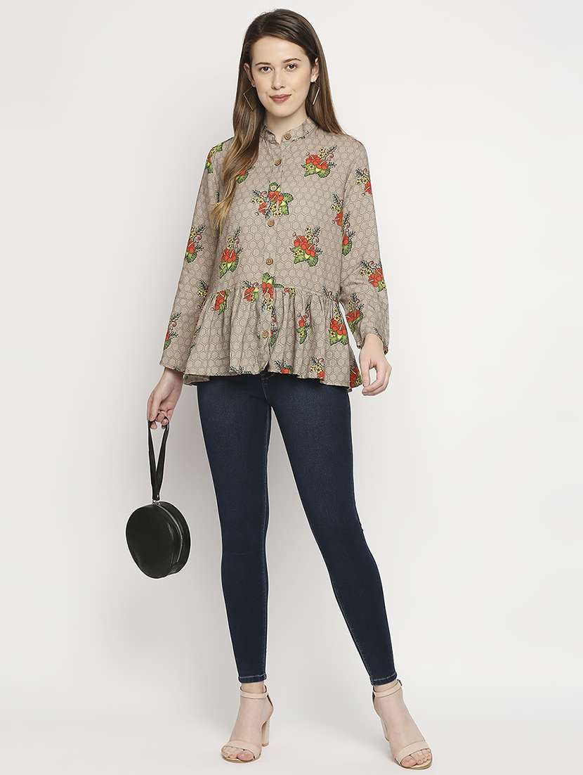 mandarin neck printed peplum top - 18401205 - Standard Image - 3