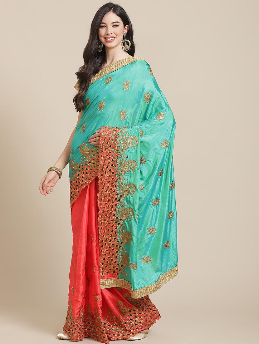 turquoise silk half and half saree with blouse - 18401237 -  Zoom Image - 0
