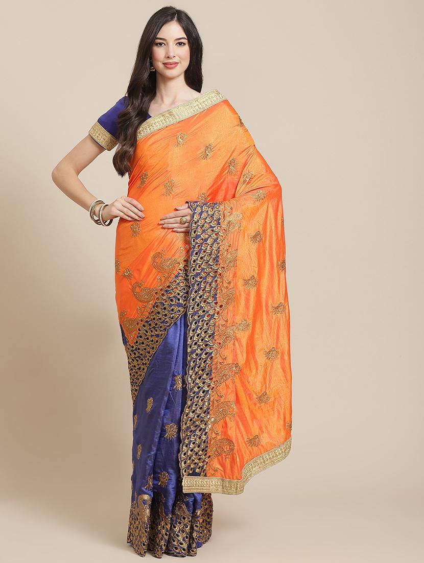 orange silk half and half saree with blouse - 18401239 - Zoom Image - 0