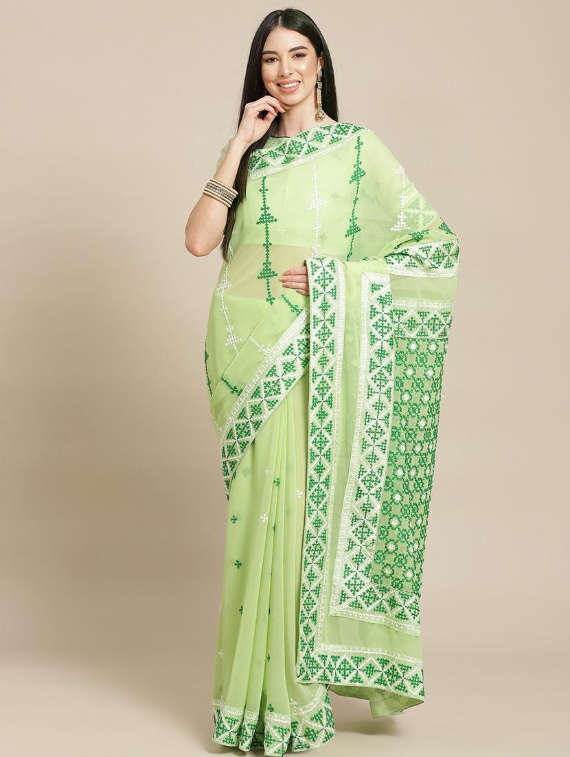 green georgette embroidered saree - 18402571 -  Zoom Image - 0