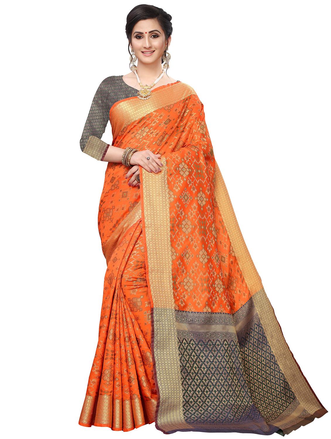 orange silk blend kanjivaram saree with blouse - 18402771 - Zoom Image - 0