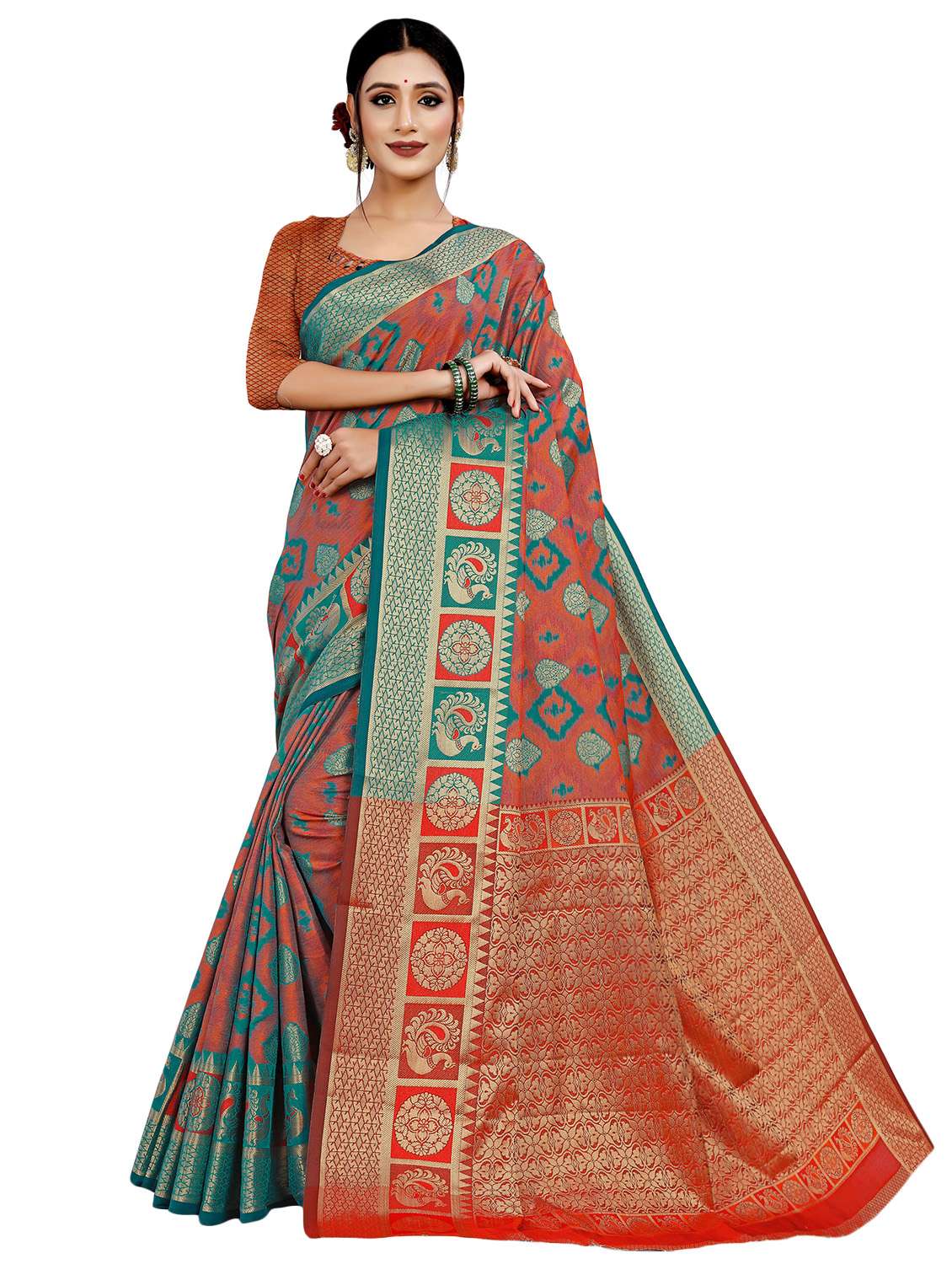 turquoise cotton silk saree with blouse - 18402790 - Zoom Image - 0