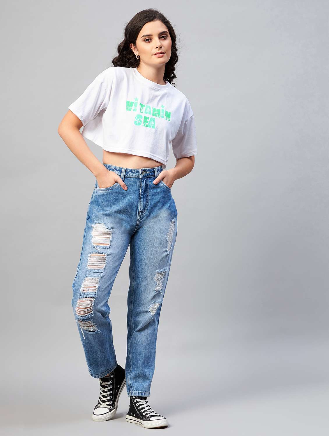 women's chest print round neck t-shirt - 18402842 - Standard Image - 3