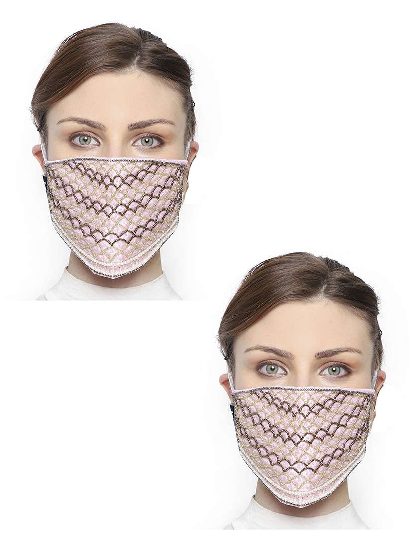 pack of 2 pastel pink & multi 3-ply art silk embellished fabric fashion mask