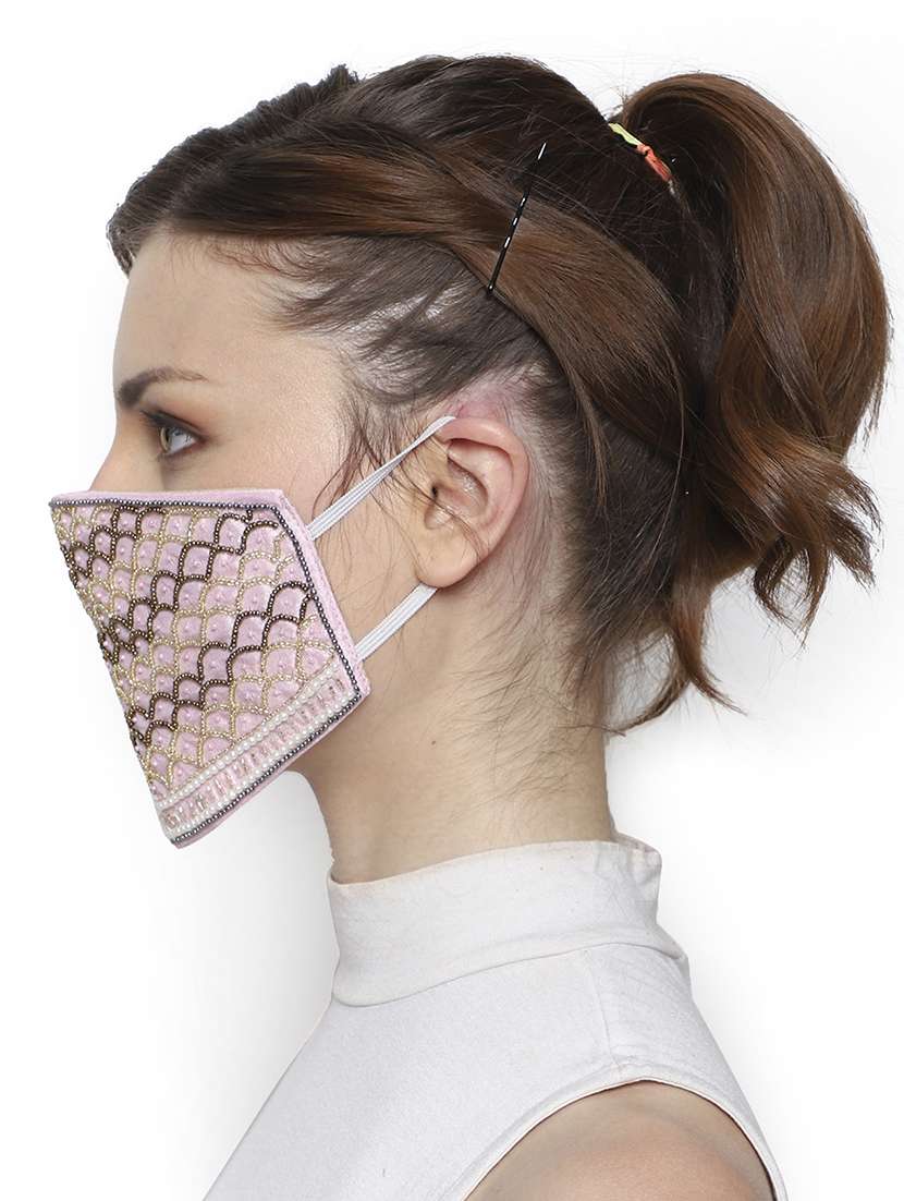 pack of 2 pastel pink & multi 3-ply art silk embellished fabric fashion mask - 18403027 -  Standard Image - 5