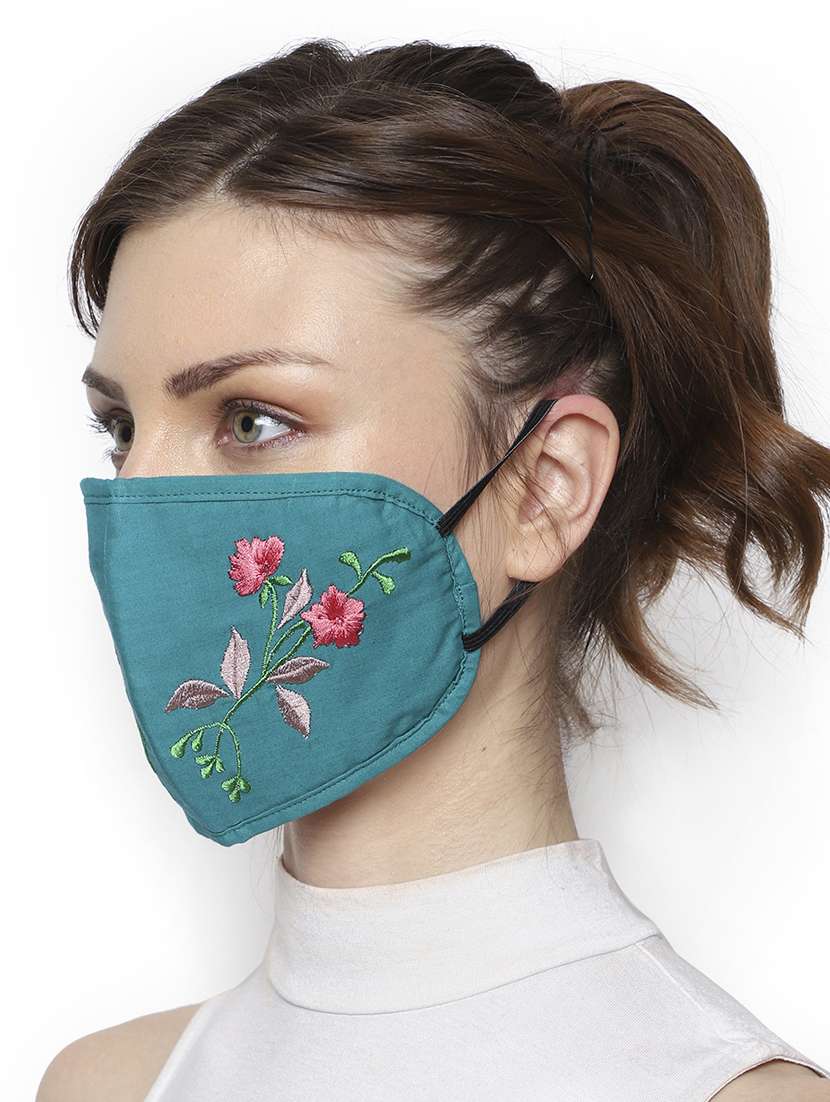  pack of 2 turquoise & multi 3-ply cotton floral embroidered fabric fashion mask - 18403028 -  Standard Image - 3