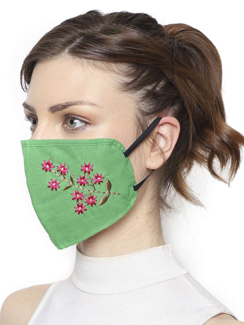 pack of 2 multicolor 3-ply cotton floral embroidered fabric fashion mask - 18403029 -  Standard Image - 5