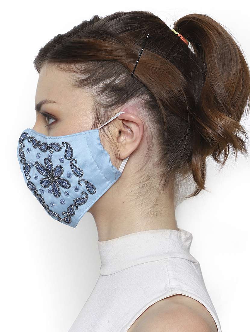 pack of 2 pastel blue & silver 3-ply art silk floral embellished fabric fashion mask - 18403035 -  Standard Image - 5