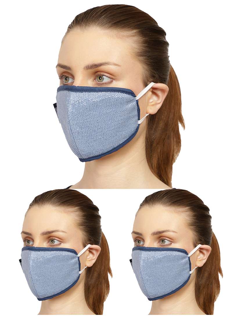 pack of 3 blue & silver 3-ply reusable cotton lurex fabric fashion mask