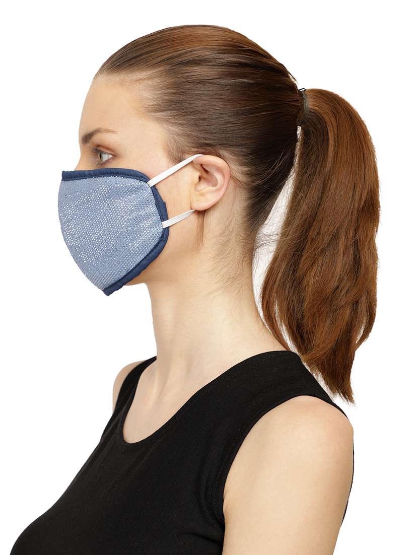 pack of 3 blue & silver 3-ply reusable cotton lurex fabric fashion mask - 18403041 -  Standard Image - 5